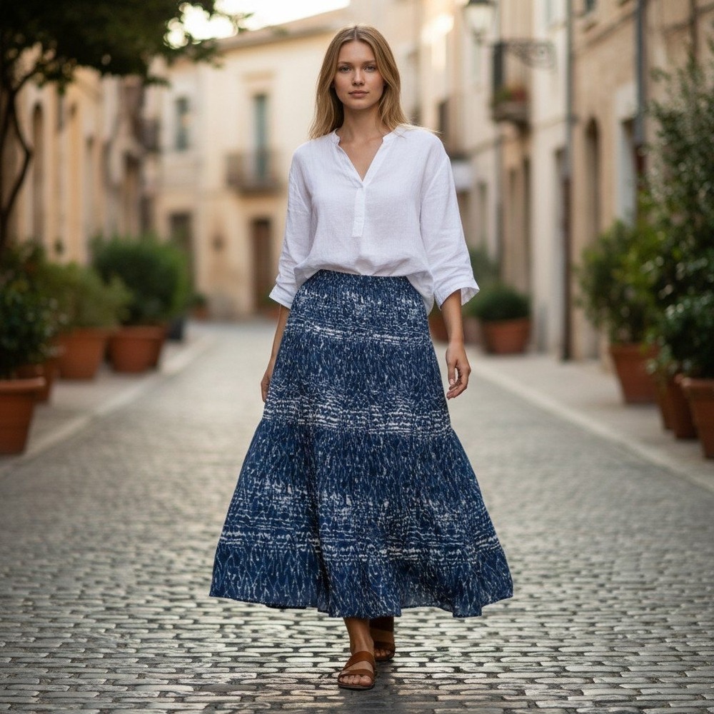 Abercrombie & Fitch Maxi Skirt XS Blue White Ikat Print Tiered Boho Tie Waist